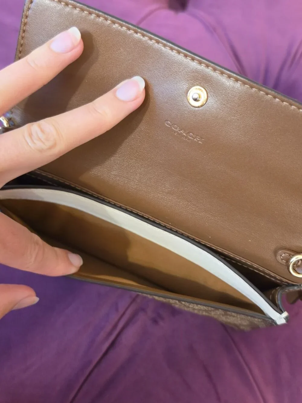 Gorgeous Coach Foldover Wristlet Clutch Wallet in Brown and White